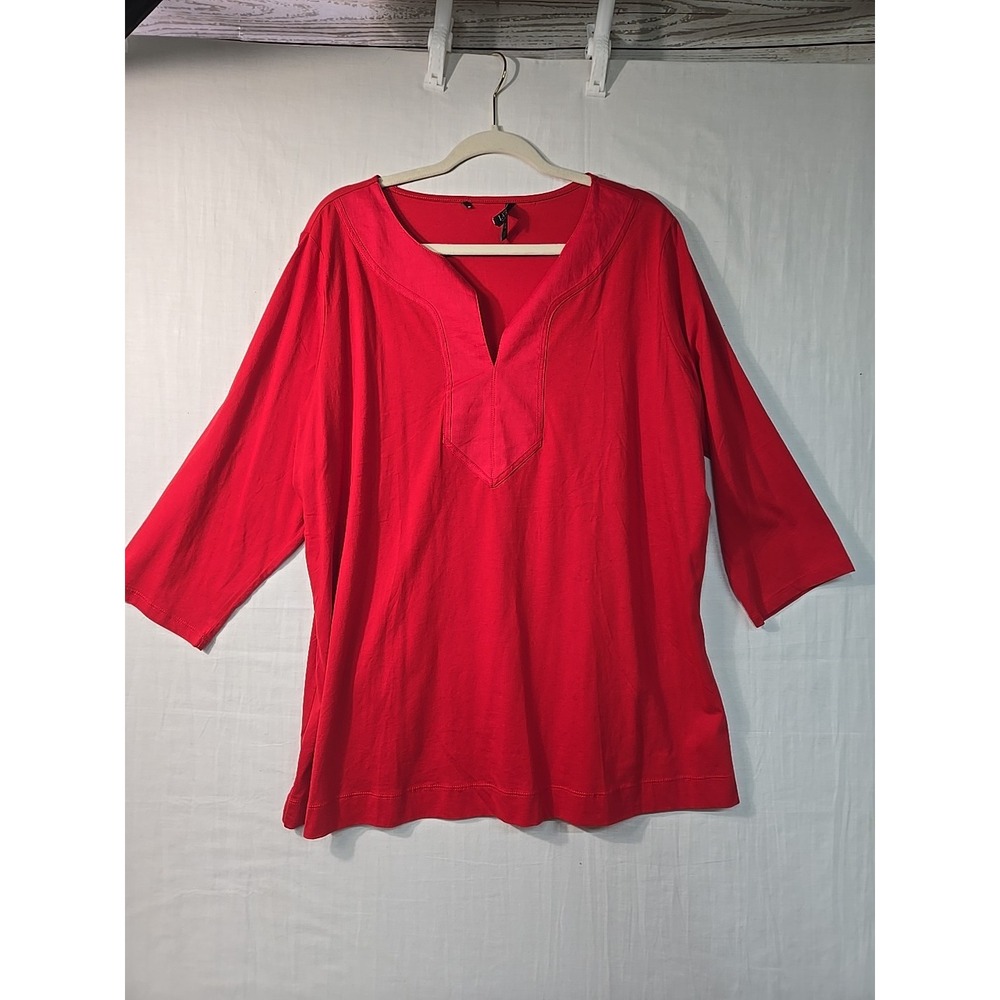 Lauren Ralph Lauren Women's Red 3/4‎ Sleeve V-Neck Top Size 2X Linen Look Trim